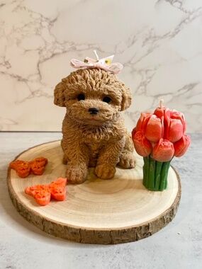 Handcrafted Puppy Candle with Tulip Bouquet